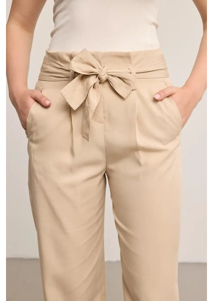 Beli Kemerli Yüksek Bel Tencel Pantolon - Bej indirimleri