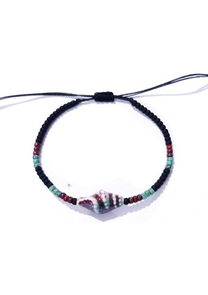 Seramik Deniz Kabuklu Mat Siyah Desenli Bordo ve Turkuaz Rengi Miyuki Round Boncuklu Unisex Bileklik
