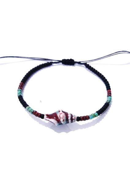 Seramik Deniz Kabuklu Mat Siyah Desenli Bordo ve Turkuaz Rengi Miyuki Round Boncuklu Unisex Bileklik modelleri