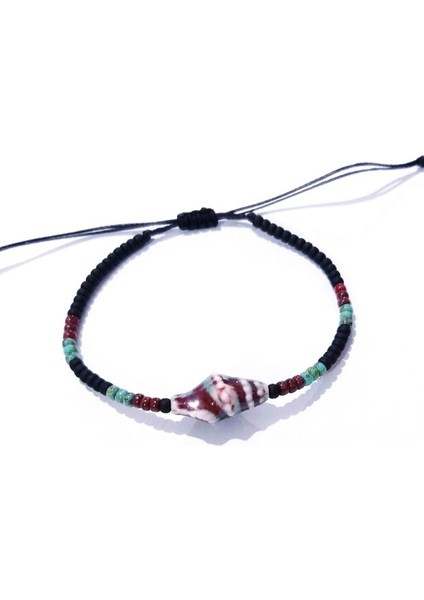 Seramik Deniz Kabuklu Mat Siyah Desenli Bordo ve Turkuaz Rengi Miyuki Round Boncuklu Unisex Bileklik