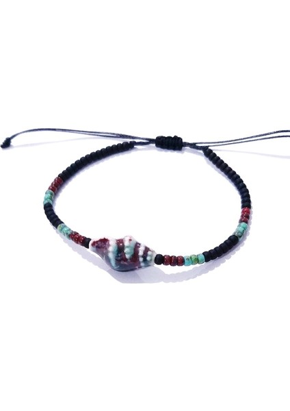 Seramik Deniz Kabuklu Mat Siyah Desenli Bordo ve Turkuaz Rengi Miyuki Round Boncuklu Unisex Bileklik