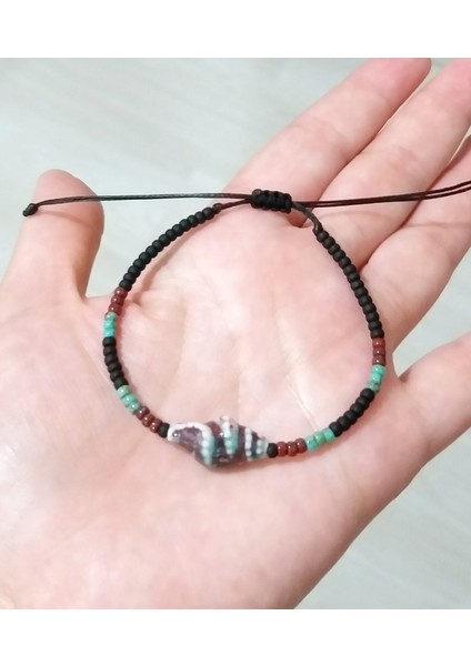 Seramik Deniz Kabuklu Mat Siyah Desenli Bordo ve Turkuaz Rengi Miyuki Round Boncuklu Unisex Bileklik