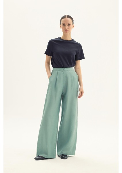 Elvira 100% Keten Palazzo Pantolon Yeşil