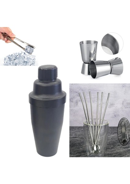 10 Parça Pipetli Kokteyl Hazırlama Seti Bar Shaker 700 ml Çelik Pipet Buz Maşası Jigger 3/4.5 cl