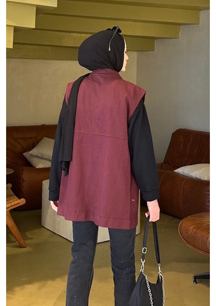 Önü Çıtçıt Düğmeli Yelek Bordo