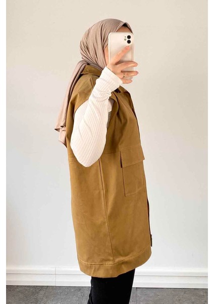Önü Çıtçıt Düğmeli Yelek Camel