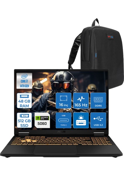 Tuf Gaming F16 FX608JMR 14. Nesil Intel I7-14650HX 48GB Ddr5 512GB SSD 8GB/RTX5060 115W 165Hz 16"wuxga Fhd+ 300NITS IPS Freedos Gaming Bilg. WRV077F12+ZETTAÇANTA