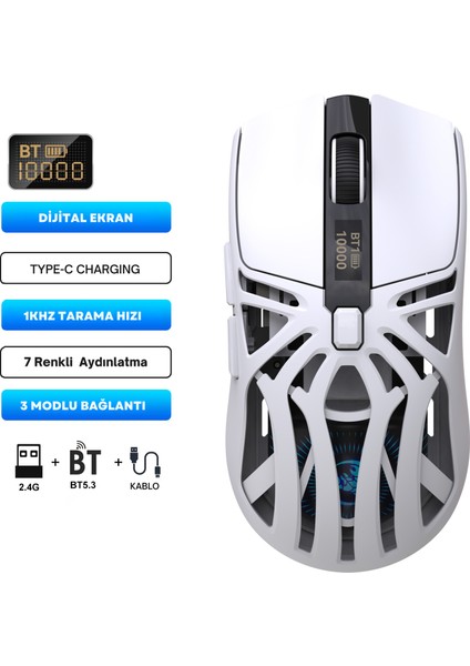 T400 Kablosuz 3 Modlu Dijital Göstergeli 650 Mah Batarya - Makrolu Oyuncu Mouse
