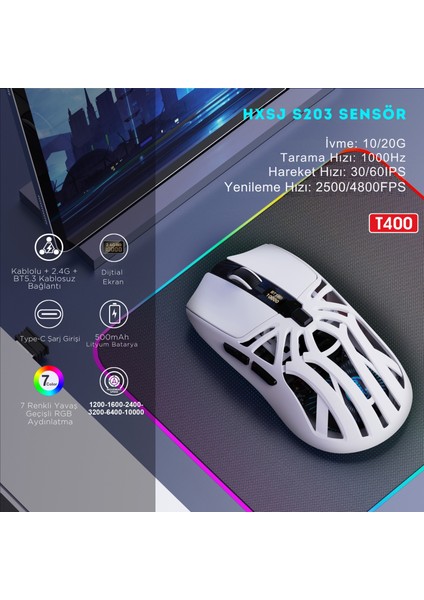 T400 Kablosuz 3 Modlu Dijital Göstergeli 650 Mah Batarya - Makrolu Oyuncu Mouse modelleri