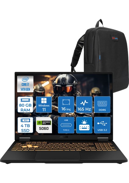 Tuf Gaming F16 FX608JMR 14. Nesil Intel I7-14650HX 80GB Ddr5 4tb SSD 8GB/RTX5060 115W 165Hz 16"wuxga Fhd+ 300NITS IPS WIN11HOME Gaming Bilg. WRV077H25+ZETTAÇANTA