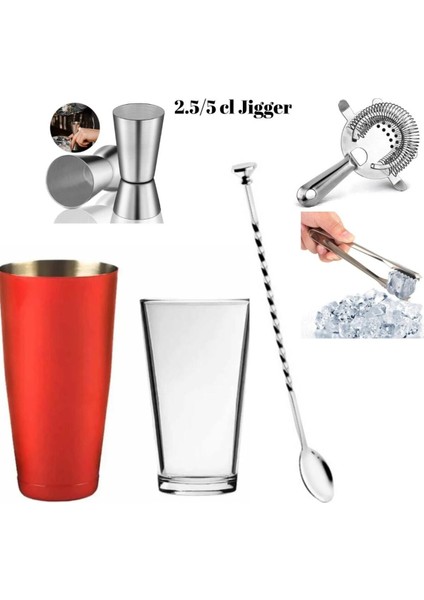 Kokteyl Seti 750 ml Baston Shaker, Jigger, Bar Süzgeci, Buz Maşası, Tokmaklı Kaşık