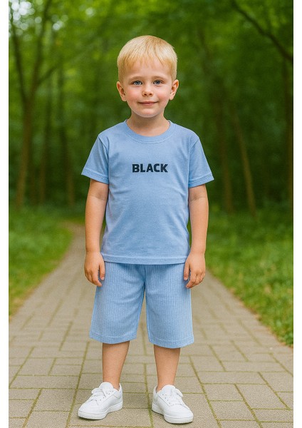 Black Baskı Fitillli Şortlu Basic Kız Erkek Çocuk Yazlık Şortlu Takım