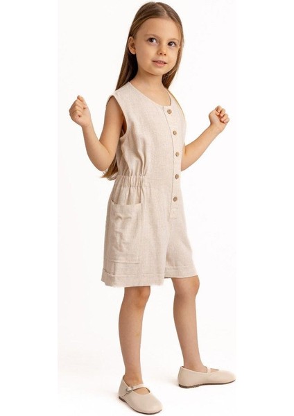 Yanları Cepli Kısa Boy Keten Tulum 2-7 Yaş Naturel fiyatları