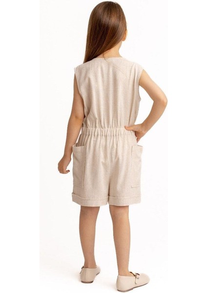 Yanları Cepli Kısa Boy Keten Tulum 2-7 Yaş Naturel modelleri