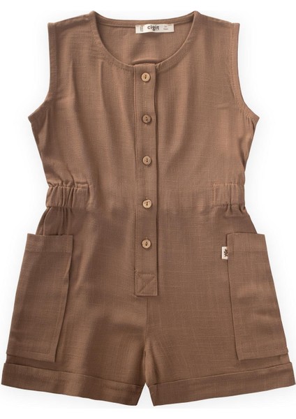 Yanları Cepli Kısa Boy Keten Tulum 2-7 Yaş Caramel