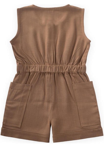 Yanları Cepli Kısa Boy Keten Tulum 2-7 Yaş Caramel fiyatları