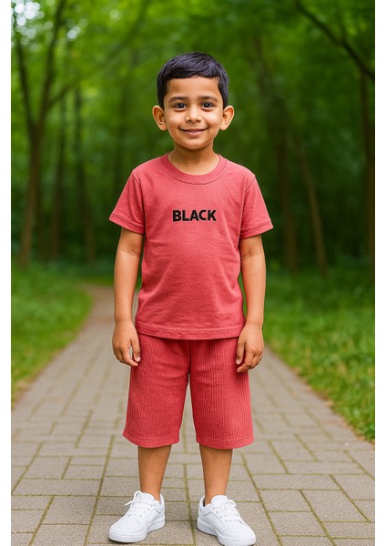Black Baskı Fitillli Şortlu Basic Kız Erkek Çocuk Yazlık Şortlu Takım