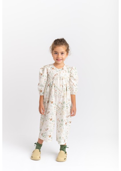 Desenli Poplin Tulum 2-7 Yaş Ekru Desenli