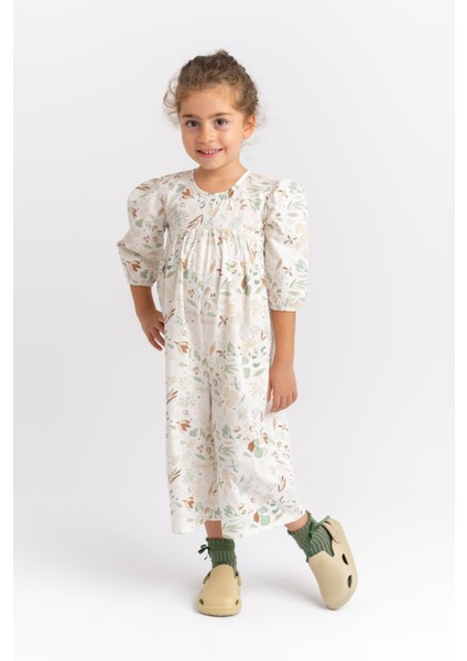 Desenli Poplin Tulum 2-7 Yaş Ekru Desenli