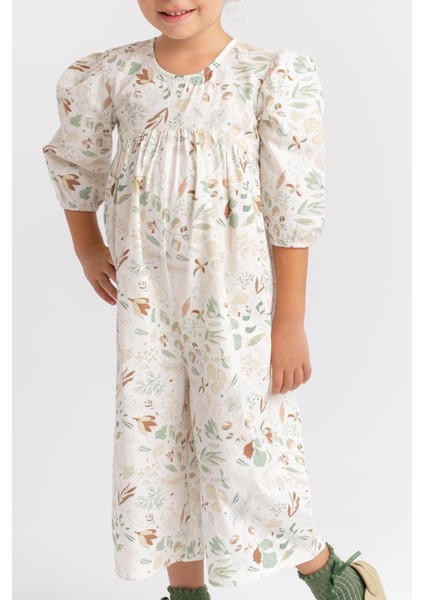 Desenli Poplin Tulum 2-7 Yaş Ekru Desenli