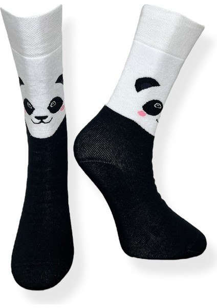 Tekli Unisex Esnek Panda Desenli Siyah-Beyaz Renkli Nefes Alabilen Havlu Çorap