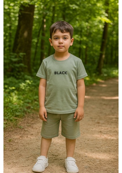 Black Baskı Fitillli Şortlu Basic Kız Erkek Çocuk Yazlık Şortlu Takım