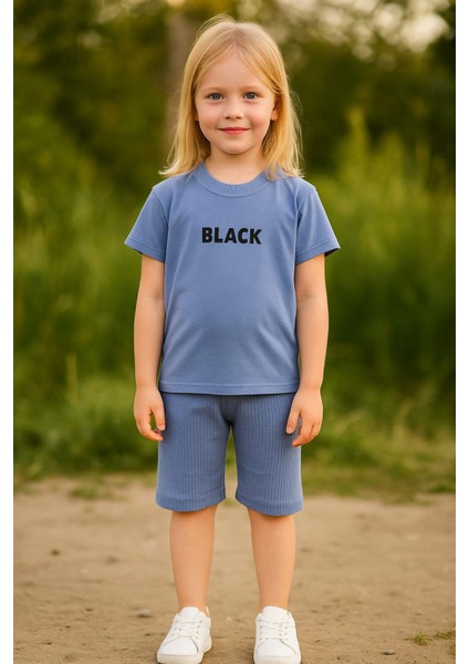 Black Baskı Fitillli Şortlu Basic Kız Erkek Çocuk Yazlık Şortlu Takım
