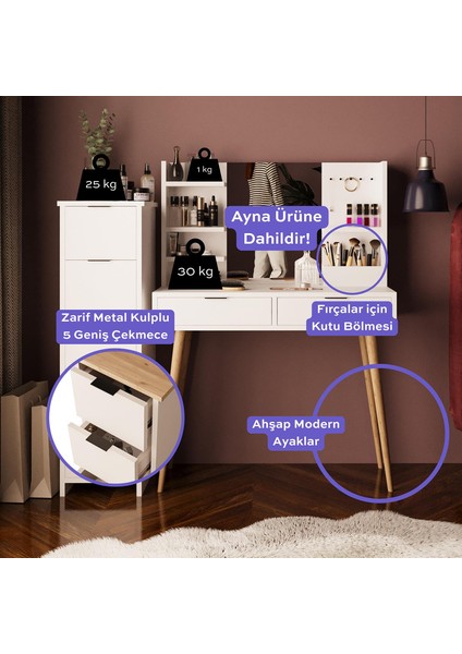 T4050 Bella 5+2 Çekmeceli Makyaj Masası Seti Beyaz – Takı Askılı, Fırçalık Kutu Raflı, Ahşap Ayaklı fiyatları