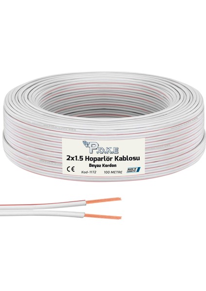 2x1.5 Hoparlör Kablosu Beyaz Kordon 100MT Poke PK-1172