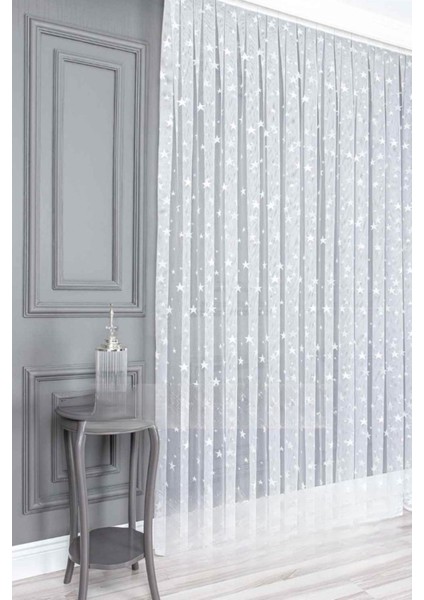 Çocuk Odası Tül Perdesi Yıldız Desen Beyaz Perde,normal Pileli Dikim