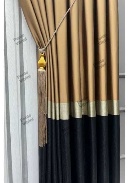 Vera Desen, Pano Fon Perde, Gümüş Detaylı Kahverengi - Siyah Perde (Tek Kanat)