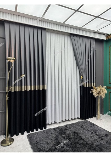 Pano Fon Perde,elegans Seri Azra Desen Siyah Gold Gri