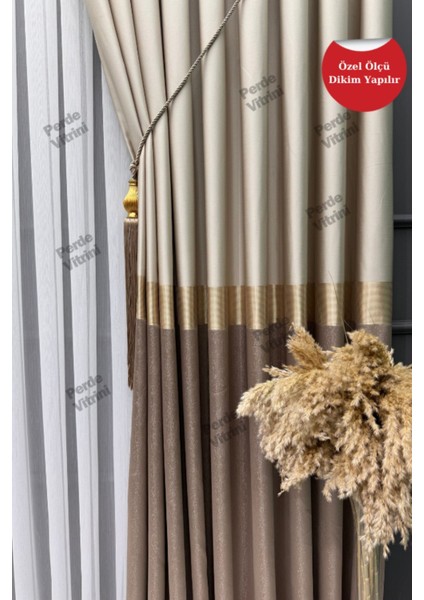 Vera Desen, Pano Fon Perde, Gold Detaylı Taş - Vizon Perde (Tek Kanat)