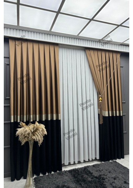 Vera Desen, Pano Fon Perde, Gümüş Detaylı Kahverengi - Siyah Perde (Tek Kanat) fırsatları