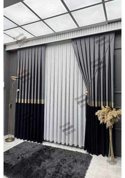 Vera Desen, Pano Fon Perde, Gold Detaylı Gri - Siyah Perde (Tek Kanat) fırsatları