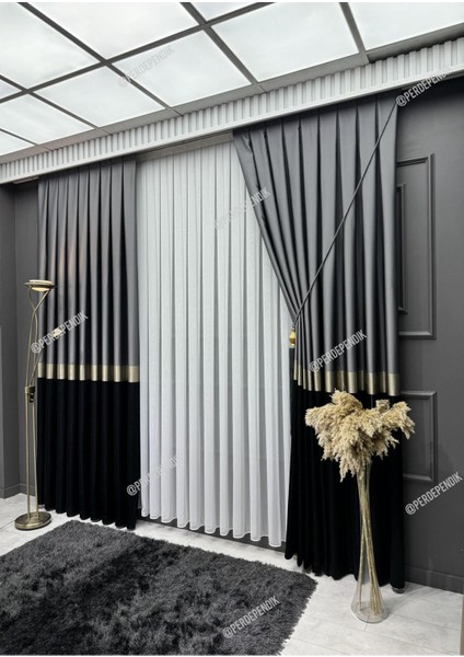 Pano Fon Perde,elegans Seri Azra Desen Siyah Gold Gri