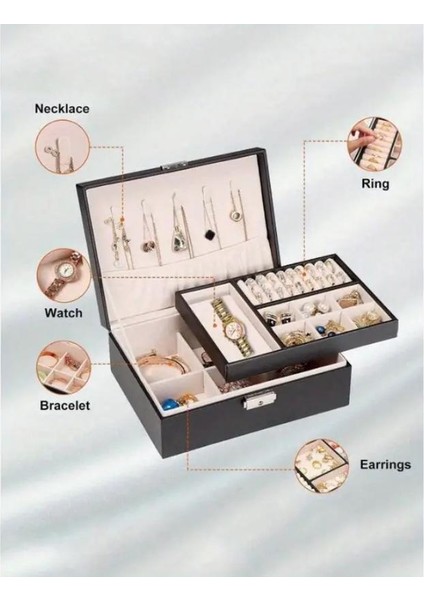 Şık 2 Katlı Kilit Detaylı Suni Deri Takı Organizer