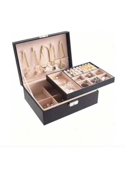 Şık 2 Katlı Kilit Detaylı Suni Deri Takı Organizer fiyatları