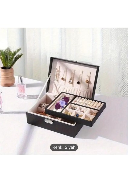 Şık 2 Katlı Kilit Detaylı Suni Deri Takı Organizer indirimleri