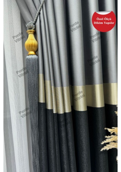 Vera Desen, Pano Fon Perde, Gold Detaylı Gri - Siyah Perde (Tek Kanat)