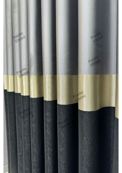 Vera Desen, Pano Fon Perde, Gold Detaylı Gri - Siyah Perde (Tek Kanat) fiyatları
