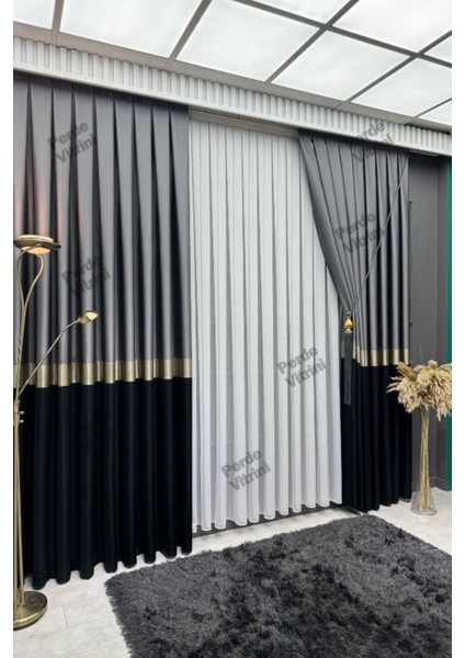 Vera Desen, Pano Fon Perde, Gold Detaylı Gri - Siyah Perde (Tek Kanat) modelleri