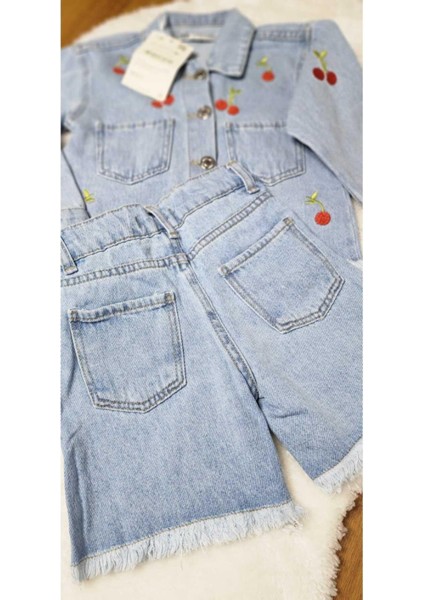Vişne Işlemeli Ceketli Şortlu 2 Li Kot Takim. Açik Mavi. 3-10 Yaş fiyatları