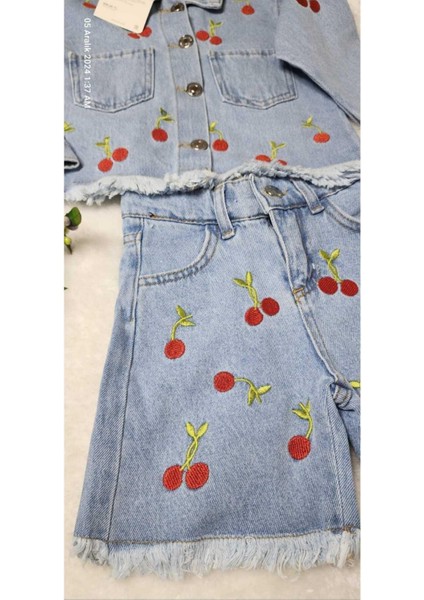 Vişne Işlemeli Ceketli Şortlu 2 Li Kot Takim. Açik Mavi. 3-10 Yaş modelleri
