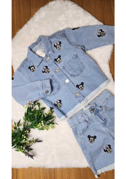 Vişne Işlemeli Ceketli Şortlu 2 Li Kot Takim. Açik Mavi. 3-10 Yaş