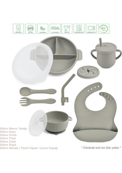 Silikon Beslenme Seti Silikon Mama Tabağı ve Kasesi, Pipet, Önlük, Çatal-Kaşık, Bardak / Gri