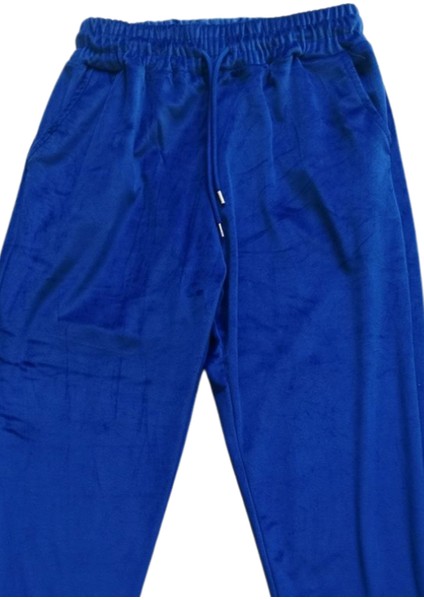 Parlak Kadife Cepli Pantolon Eşofman Pijama Altı Büyük Beden Unisex Lastikli Paça Mavi