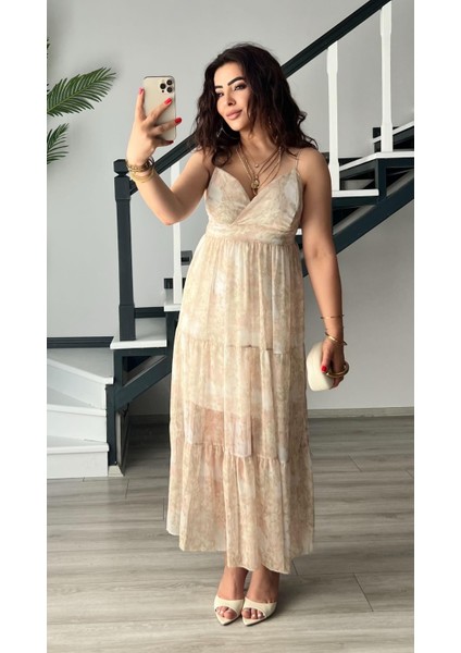 Bej Floral Desen Ayarlanabilir Askılı Şifon Elbise