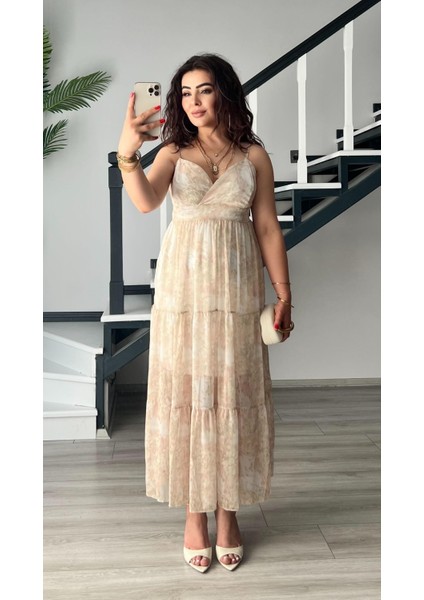 Bej Floral Desen Ayarlanabilir Askılı Şifon Elbise fiyatları
