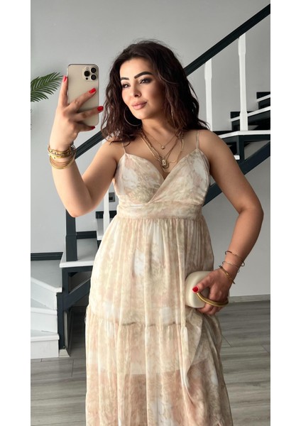 Bej Floral Desen Ayarlanabilir Askılı Şifon Elbise modelleri